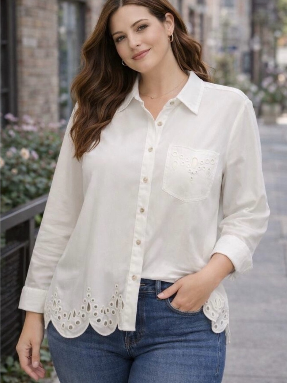 Chico's Ivory Eyelet-Hem Button-Down Shirt